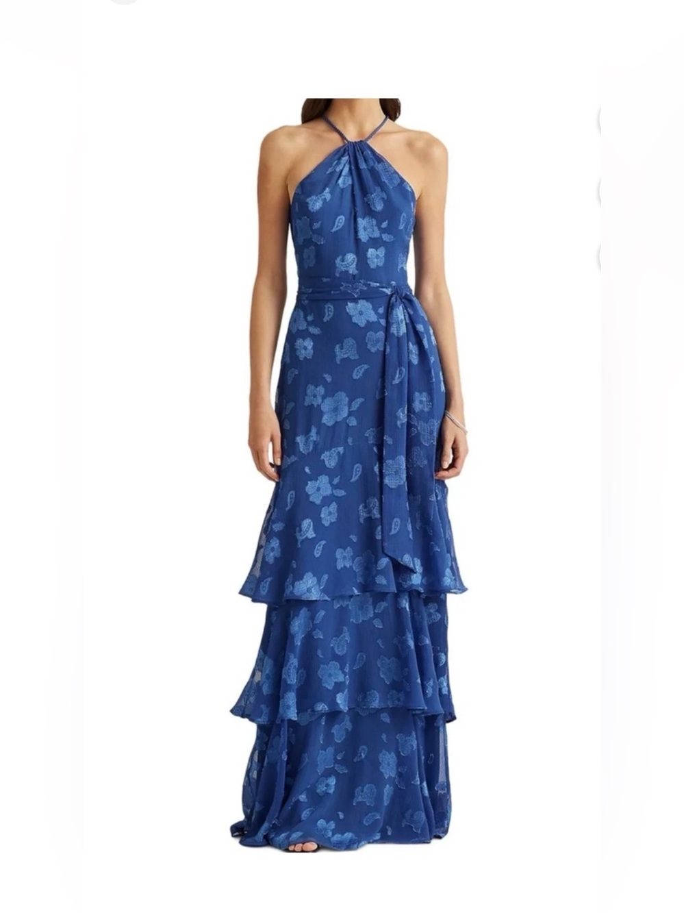 Lauren Ralph Lauren Blue Floral Halter Tiered Maxi Dress with Waist Tie